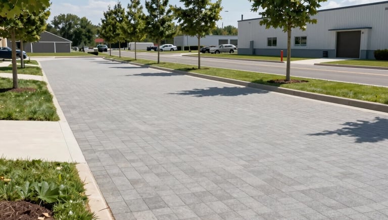 An industrial paved courtyard with heavy-duty stone surfaces and clear markings.