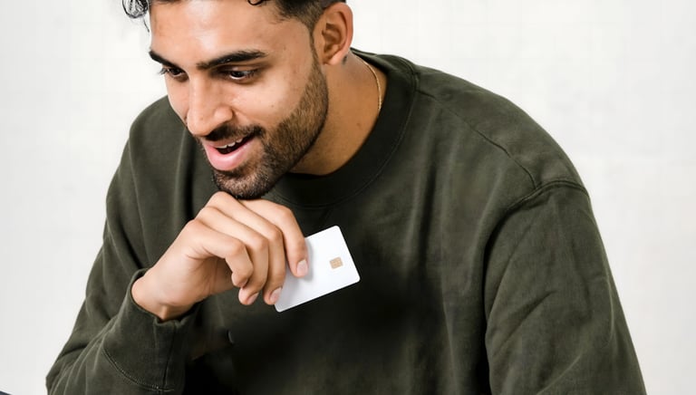 Un homme assis à une table avec une carte de crédit