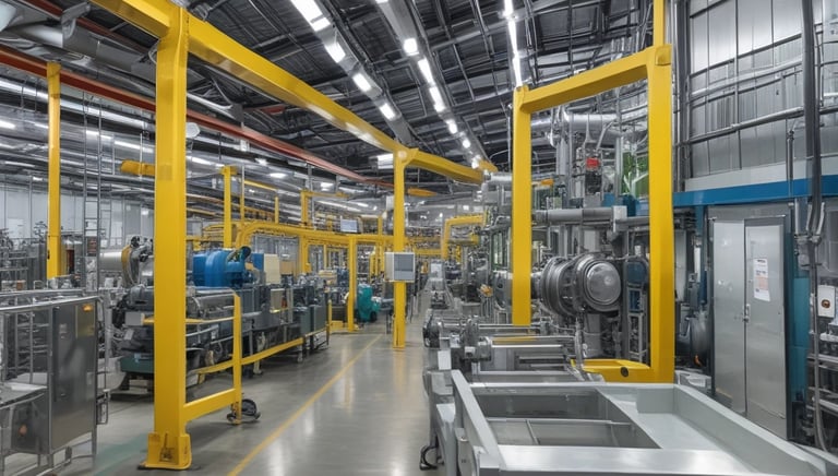 An industrial scene with large pipelines running through a forested area. The pipes extend into the distance surrounded by lush trees in autumn with shades of yellow, orange, and green. The setting is outdoors, with a clear contrast between the engineered structures and the natural environment.