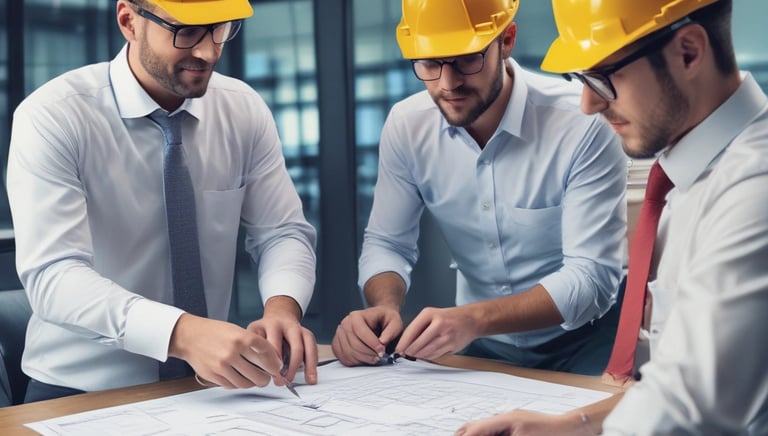The image depicts an architectural or engineering workspace featuring technical drawings with precise measurements and annotations. Several drafting tools, including a pen, pencil, protractor, and triangular scale, are placed on top of the drawings. A rolled-up sheet of paper and a metallic rectangular case are also visible, adding to the professional and organized setting.