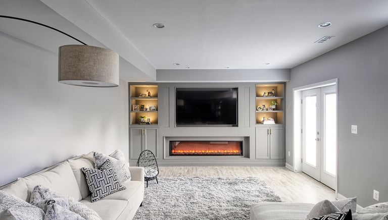 Cozy finished basement design with fireplace – Cumming, GA remodeling project