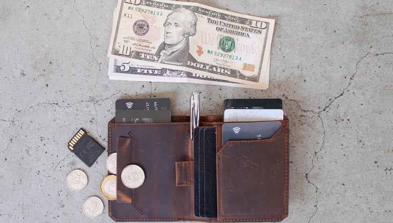 Cash, coins and credit cards in a wallet