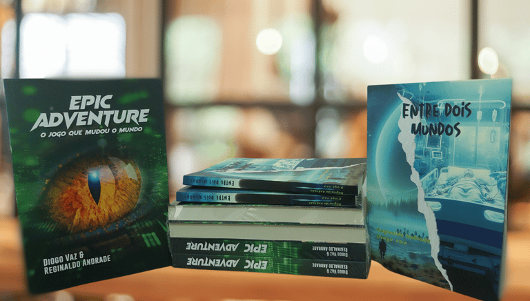 a table with books and a book on it. The books are Epic Adventure and Entre dois Mundos