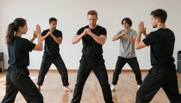 Instructor demonstrating self-defense moves to a small group in a modern training room.