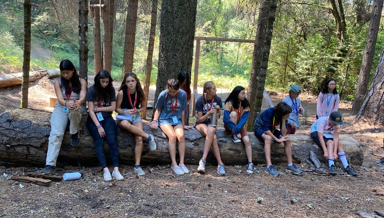 a group of campers sitting on a log having fun