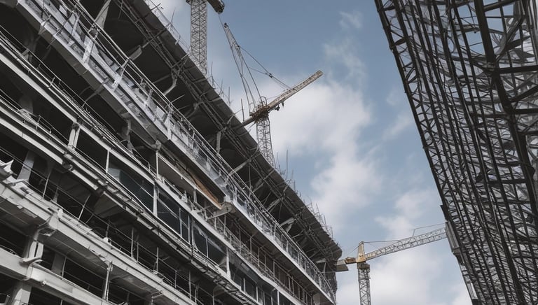 An urban construction site features a partially built multi-story office building surrounded by fencing and signs promoting the development. Several cranes are visible, suggesting ongoing construction. Various modern buildings and skyscrapers are in the background under a clear blue sky with light cloud streaks.
