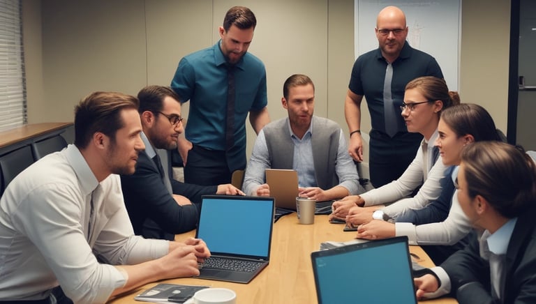 A small, white humanoid robot with blue accents, including eyes, mouth, and a circular badge with the letters 'AI' on its chest, is positioned in front of a blue laptop on a metallic surface. The robot has a simple, smooth design with two cylindrical arms and a small antenna on top.