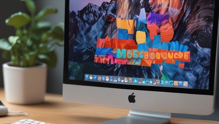 Apple iMac desktop computer on a wooden desk with a white keyboard, mouse, and potted plant.