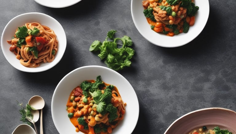 Colorful, balanced plates featuring fresh vegetables, grains, and proteins.