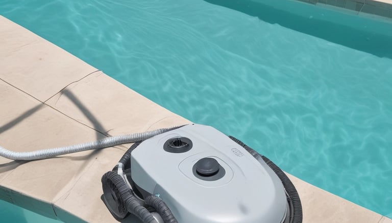 A display of colorful pool floats, cleaning tools, and safety equipment arranged neatly.