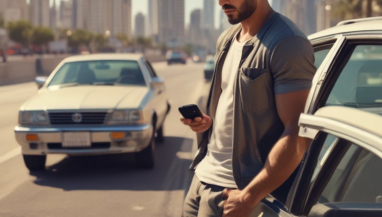 A close-up of a mechanic inspecting brake pads in a clean garage environment.