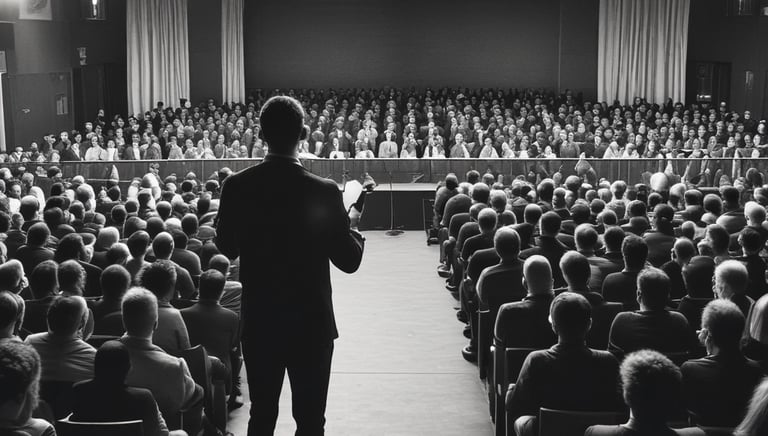 A person is typing on a silver laptop with a screen displaying text about designing digital solutions for big customers. Nearby, there is a black smartphone and white earphones placed on the desk. The person's sleeves are light blue, suggesting a casual attire.