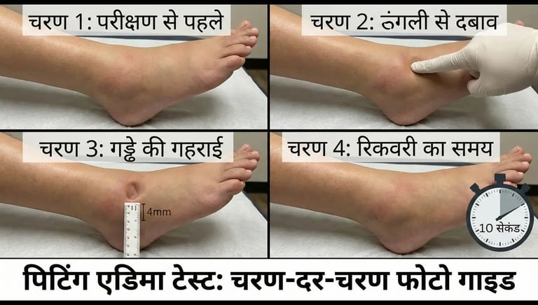 finger pressing on ankle showing pitting edema test, with depth measurement and recovery time