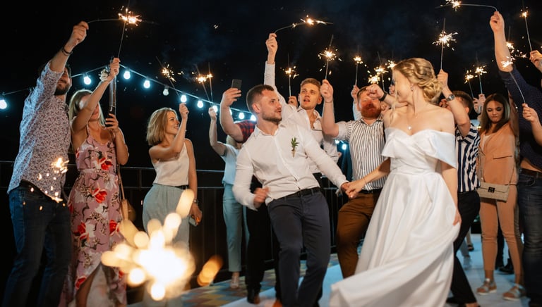 Wedding guests celebrating on dance floor with sparklers exit with Phoenix Arizona DJ Keo
