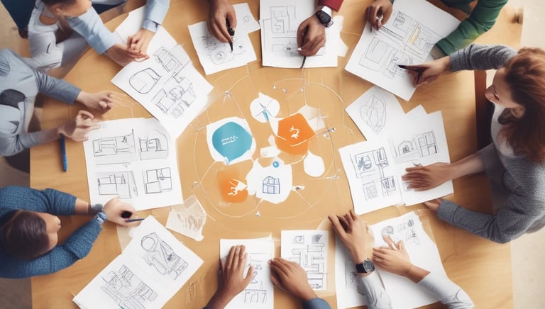 A close-up of a diverse team brainstorming ideas on a whiteboard in a bright workspace.