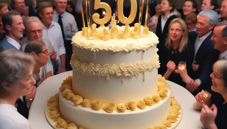 A festive birthday celebration with decorations and a cake.