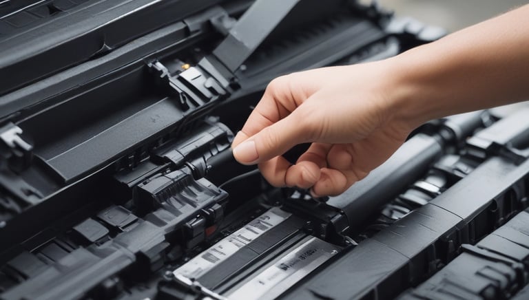 An image depicting a technician assisting a customer with a printer.