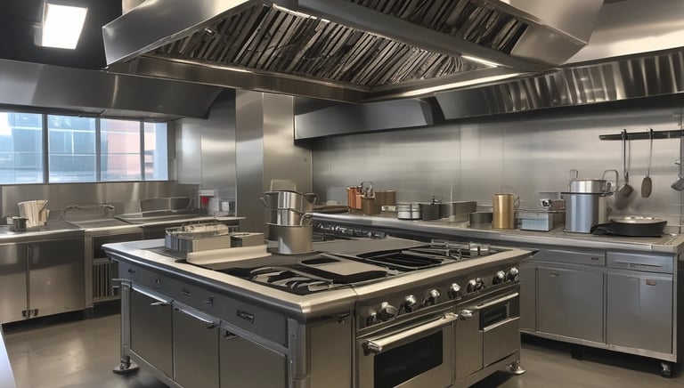 A professional cleaner sanitizing a commercial kitchen with eco-friendly equipment.