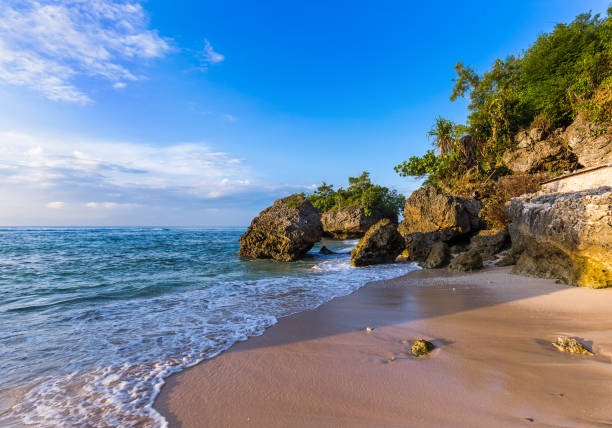 Padang Padang Beach with a rocky shore and a blue sky
