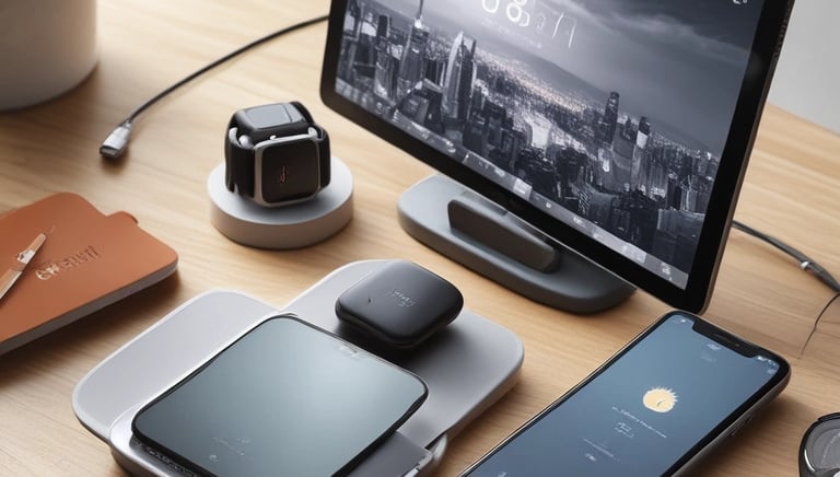 On a wooden table, there is an open laptop, a smartphone displaying an app interface, a pink wearable device, and a metallic cylindrical object, possibly a cosmetic tube.