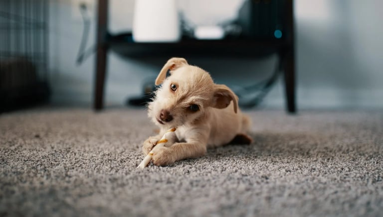 a small dog laying on the carpet in a room