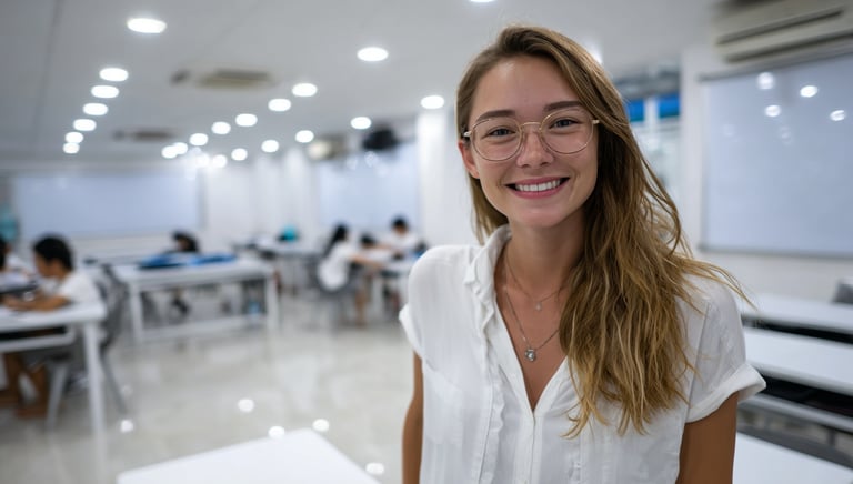 Modern Cambodian classroom with a young English teacher smiling at the camera