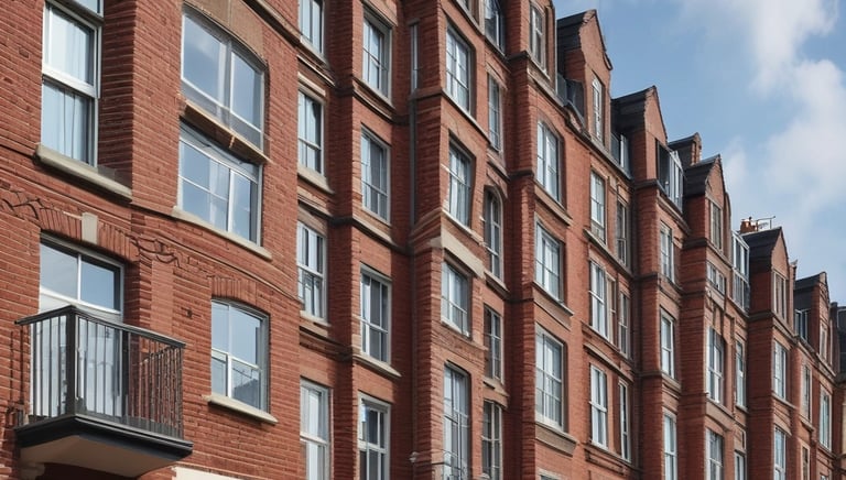 A row of three connected buildings, each with distinct architectural styles. The central building is painted bright green with a sign indicating a location for lease. It has four windows, and graffiti is visible at the top. To the left is a red brick building with two recessed windows, while the right building is white with a display window featuring a 'SALE' sign. A street runs in front of the buildings with a visible sidewalk.