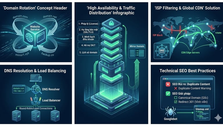 Một dịch vụ cốt lõi được truy cập thông qua nhiều tên miền dự phòng khác nhau.