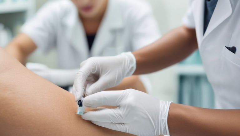 A friendly technician collecting a blood sample from a patient at home.