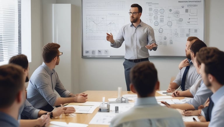 A team of professionals discussing environmental strategies in an office setting.