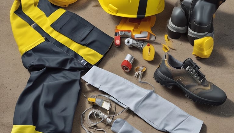 A construction site with stacks of red bricks and several yellow bags on a dirt ground, surrounded by wooden poles. The bricks are neatly piled, and the bags appear to be filled with construction materials.