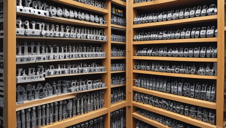 A construction site with stacks of red bricks and several yellow bags on a dirt ground, surrounded by wooden poles. The bricks are neatly piled, and the bags appear to be filled with construction materials.