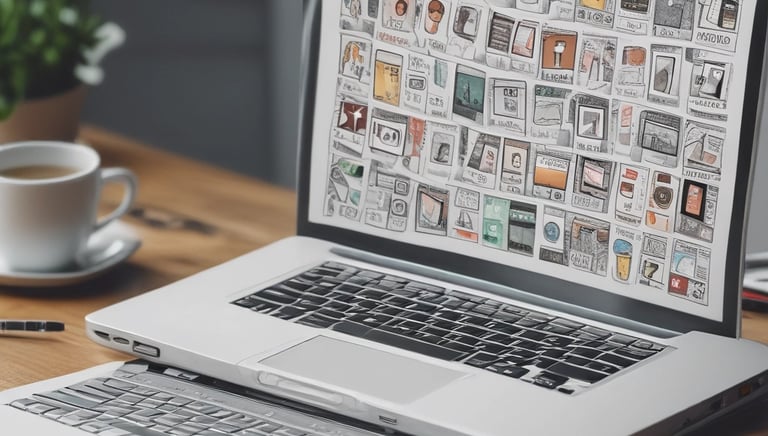 A person with a backpack is walking a small white dog on a leash along a stone-paved street. The setting includes an old stone wall, and the person is wearing a blue-patterned shirt, white shorts, and white sneakers.