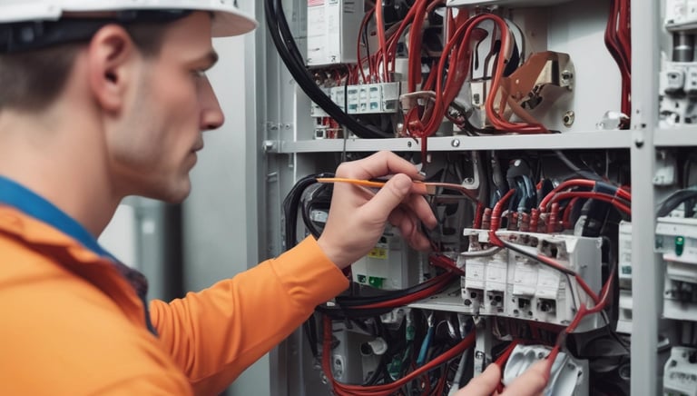 A wall with multiple electrical panels is displayed. Above the panels, a neon sign reads 'TOALETY', which suggests a public restroom indicator. The setup is industrial with a utilitarian aesthetic, featuring dark tones and exposed wiring.