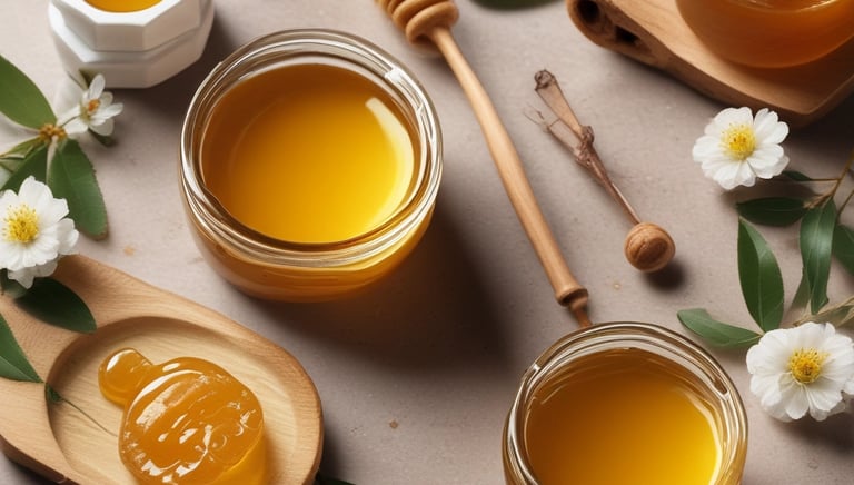 a honey dip being poured into a wooden bowl