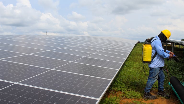 Técnico inspeccionando una instalación fotovoltaica industrial.