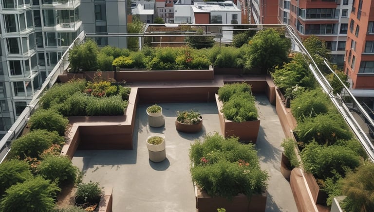 A perspective view of an urban scene where old railway tracks are flanked by green plants, leading the eye towards modern skyscrapers with reflective glass facades. The area appears to be a reused industrial space, now transformed into a park-like passageway amidst the towering city buildings.