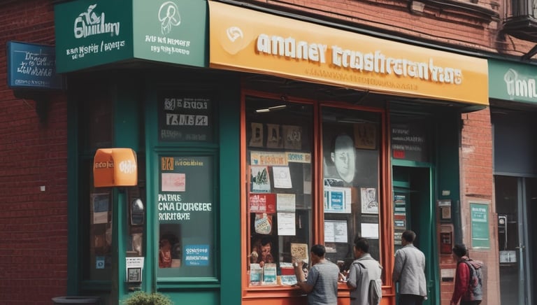 A nighttime street scene with a food vendor stall illuminated by neon lights in the background. A person is seated on a stool in front of the vendor, interacting with the seller. Various signs for currency exchange and money transfer are visible above.