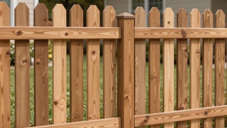 Classic cedar wood picket fence installed in a suburban residential front yard with green grass.