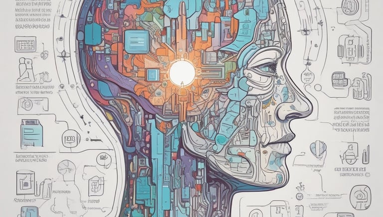 Close-up of hands typing on a laptop with mental health and AI research materials nearby.