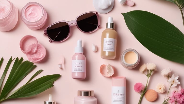 Various beauty and lifestyle items arranged aesthetically on a beige background. The items include a glass bottle with a dropper, an open jar of cream, a compact powder, a white candle, black sunglasses, a lip gloss, and large green leaves placed diagonally.