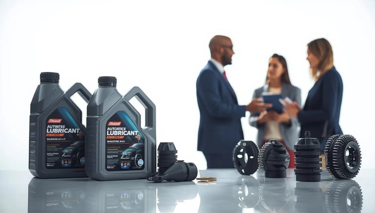 a group of people standing around a table with a car in the background