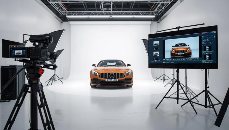 a car in a studio with a camera and a camera