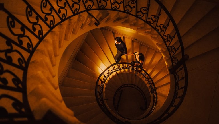 Foto artística de pareja en su sesión de pedida de mano subiendo escaleras elegantes tomados de la mano en Quito Ecuador boda