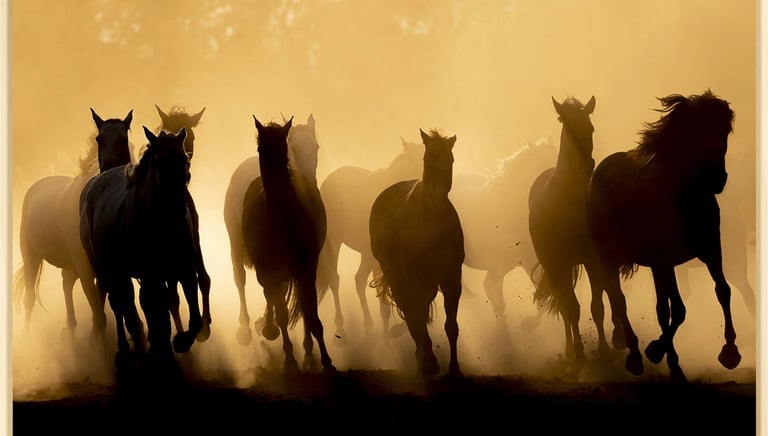 a group of horses running in the dust