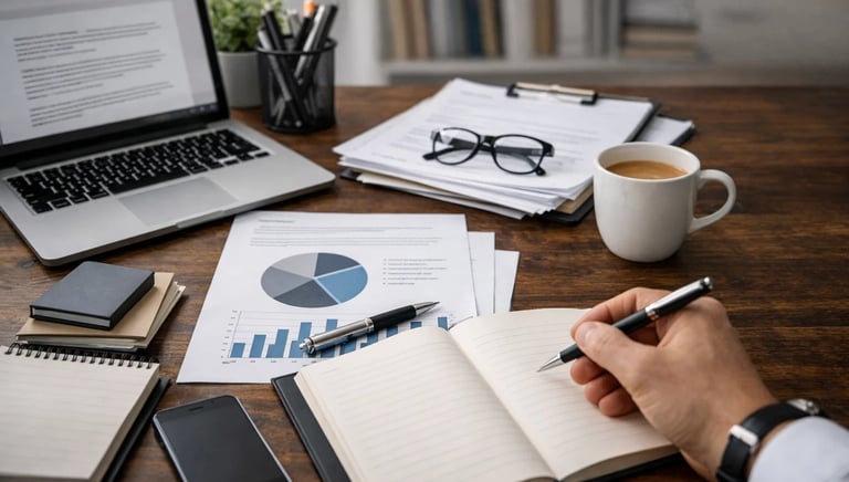Professional writing in a notebook on a wooden desk with a laptop, data charts, and coffee cup.