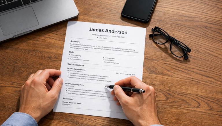 Professional resume on a wooden desk being reviewed by a professional editor holding a pen 
