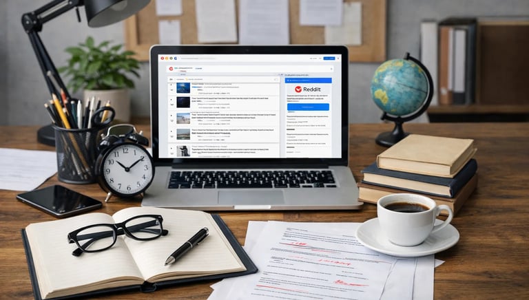 A laptop  on a wooden desk with a notebook, coffee,symbolizing professional writing services 