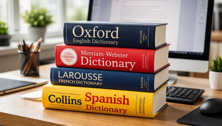 A stack of Oxford, Merriam-Webster, Larousse, and Collins language dictionaries on a wooden desk.
