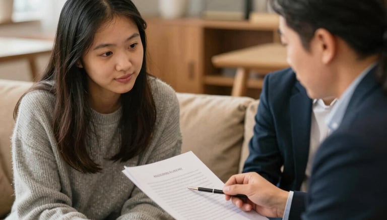A student and counselor reviewing a college essay together in a cozy study space.
